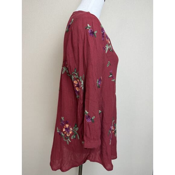 Figueroa & Flower Anthropologie Top Tunic Sz L Womens Maroon Boho Blouse Peasant - Picture 5 of 15